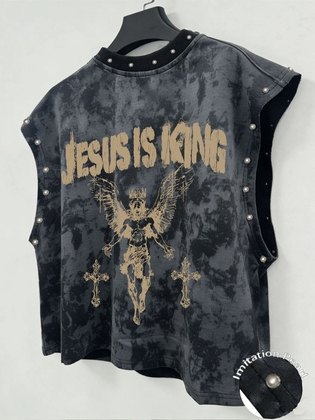 A Unisex, Retro-Style Vest Featuring Angel-Themed Prints and Faux-Pearl Accents—Perfect for Music Festivals.