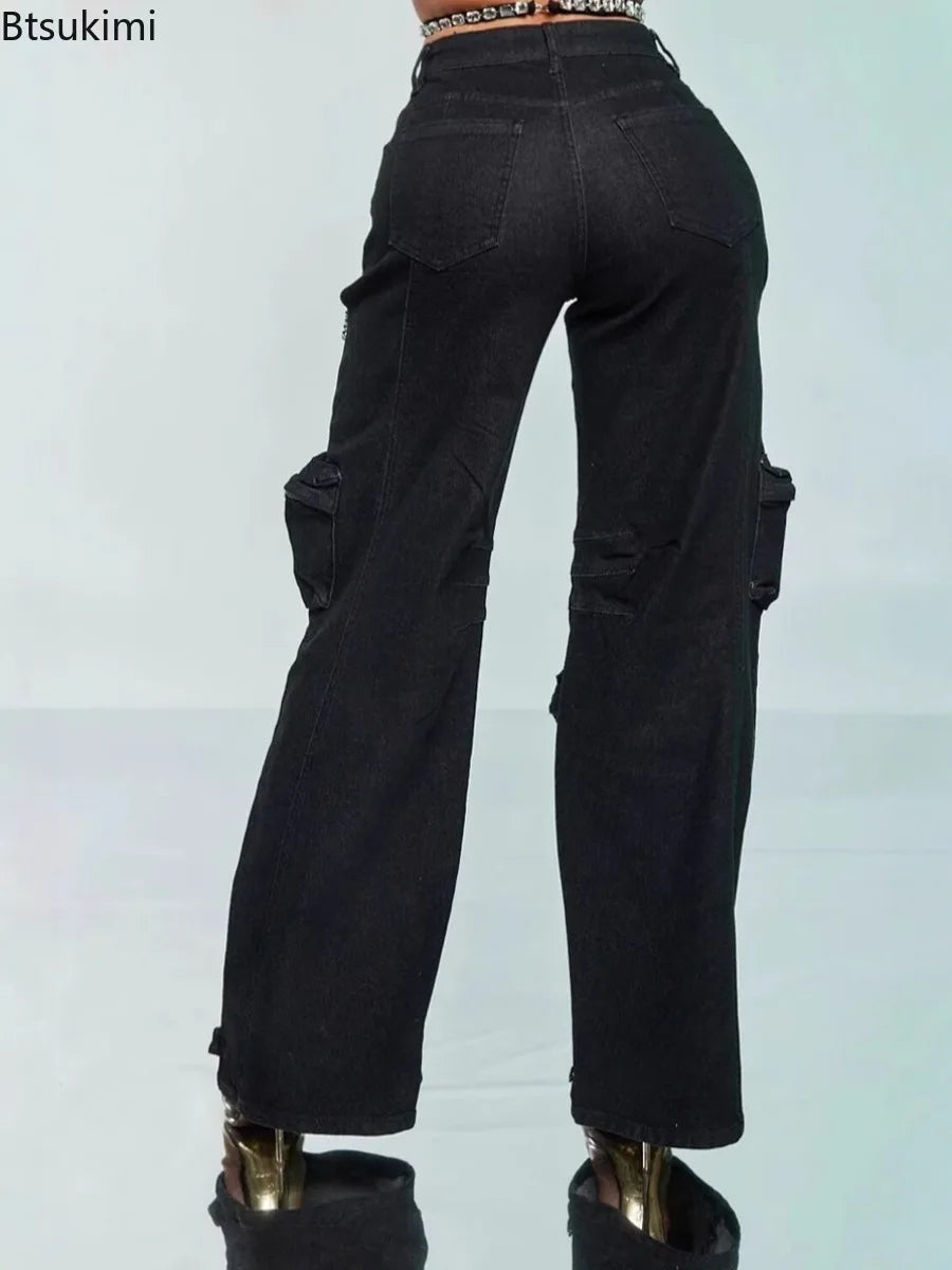 New 2026 Women's Fashion Jeans Cutout Diamonds Crystal Hollow Out Straight Denim Pants for Women Multi Pocket Wide Leg Trousers