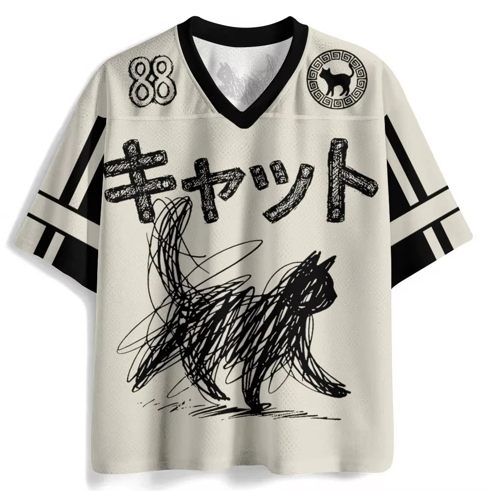 2026 New Latest Harajuku-style Y2K Adult Cat-and-dog Dual Theme Sporty Quirky 3D Print V-neck Jersey T-shirt with Raglan Sleeves