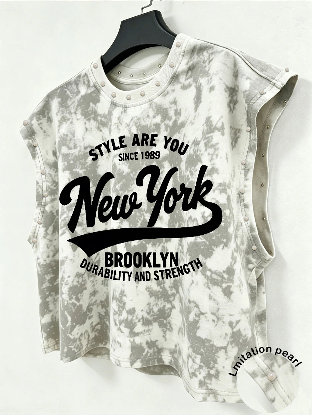 Unisex Tie-Dye Sleeveless Tank Top – New York Brooklyn Letter Print & Faux Pearl Detail (American Retro Cropped Style) tank top