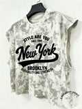Unisex Tie-Dye Sleeveless Tank Top – New York Brooklyn Letter Print & Faux Pearl Detail (American Retro Cropped Style) tank top