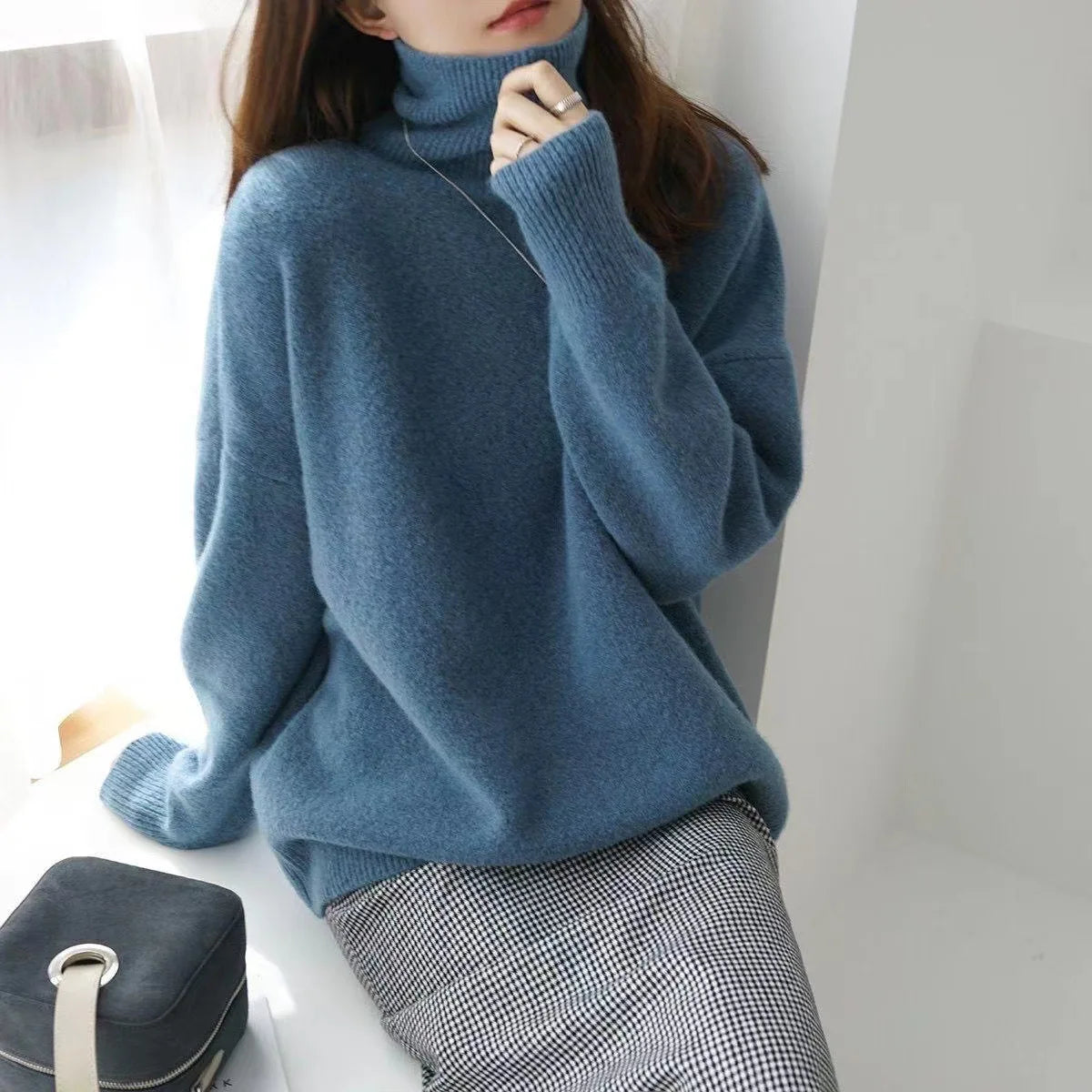Autumn Winter Thick Loose Knitwear Sweater Tops Casual Turn Down Collar Long Lantern Sleeve Knitted Pullover Coats PYXA-dh70