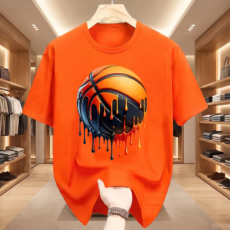 Men's Dripping Basketball Graphic T-Shirt, Streetwear Hip Hop Tee, Oversized Fit, WHITE Top for Men, Trendy Summer Style