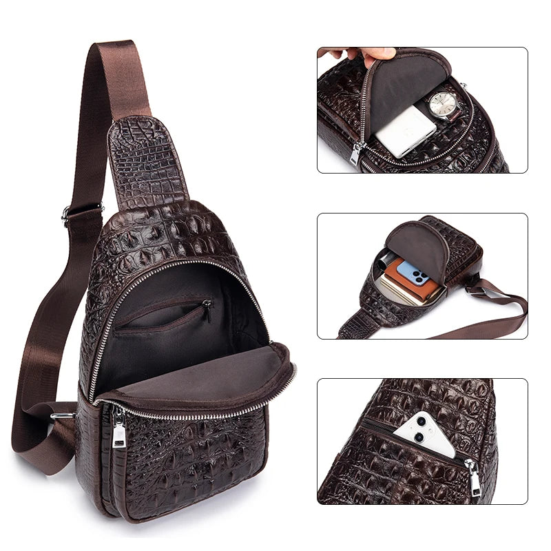 SCHLATUM Men's Genuine Leather Vintage Crocodile Pattern Chest Bag Luxury Men Crossbody Travel Bag Multifunction Sling Bags