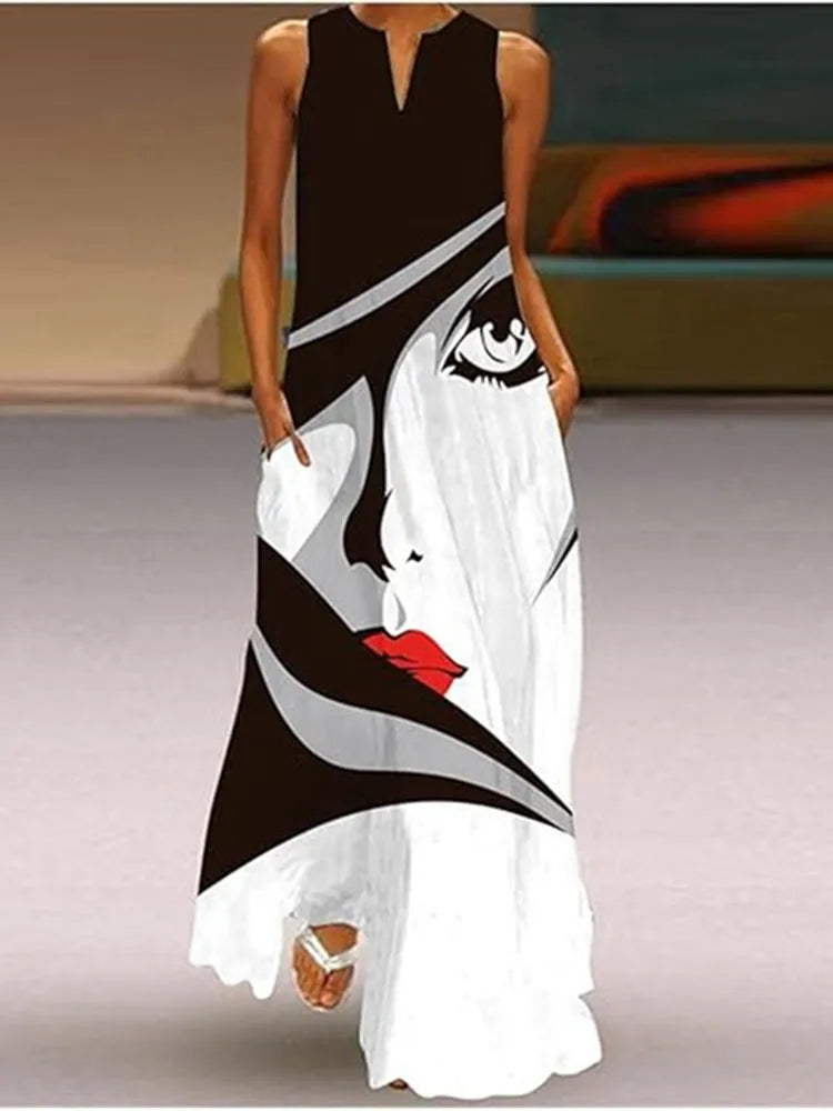 Fashion Lady Summer Long Women's Dress Black Sleeveless Loose Face Print Elegant Party Dresses For Women Casual Beach Dress Robe