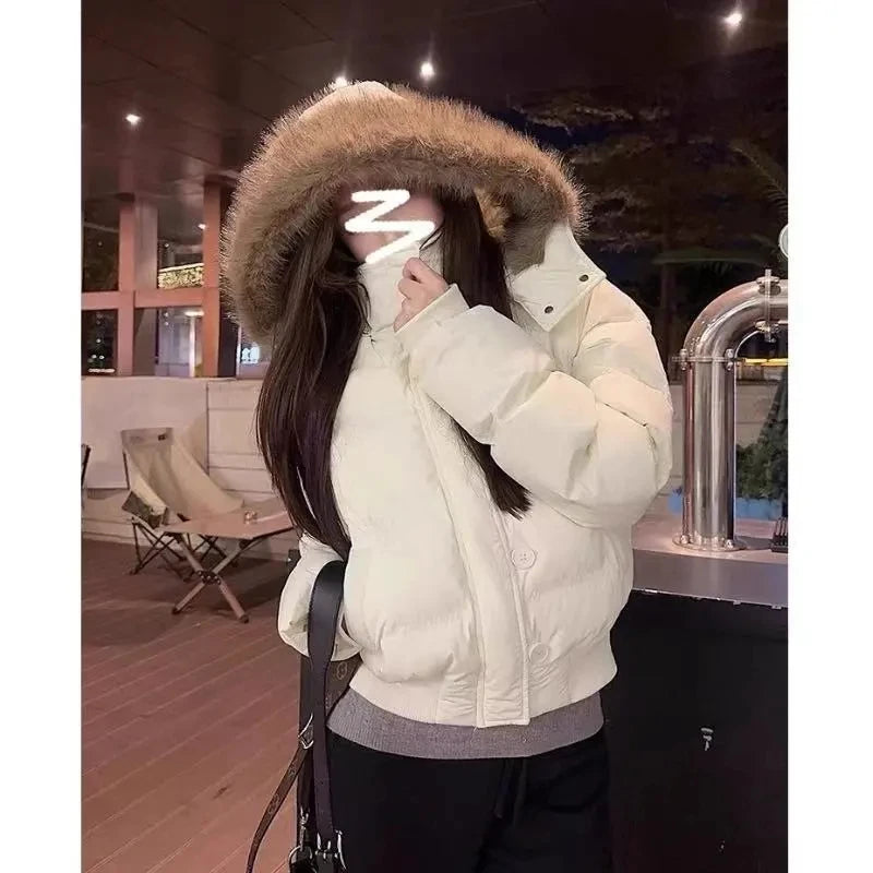 Women Autumn Winter Fur Collar Cotton Coat 2025 New Women Warm Thicken Hooded Cotton Padded Jacket Women Short Parkas Outwear