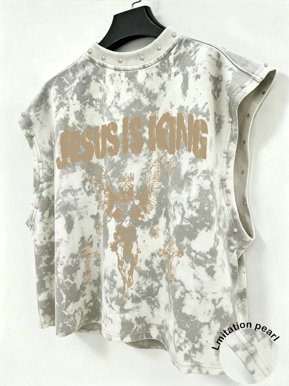 A Unisex, Retro-Style Vest Featuring Angel-Themed Prints and Faux-Pearl Accents—Perfect for Music Festivals.
