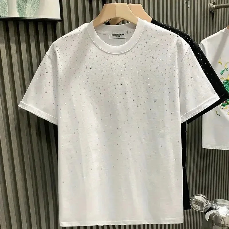 New Luxury Men's T-shirt Hot Diamond Printed Half Sleeve Fashion Round Neck Casual Summer High-end Men Tops T Shirts