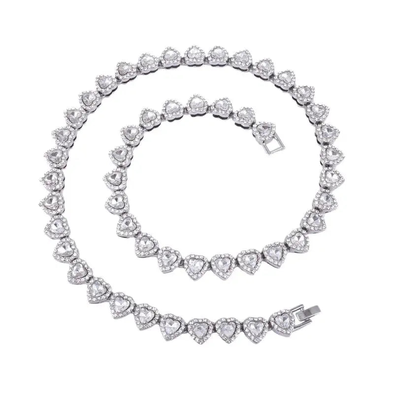 45CM New Hip Hop Tennis Chain Bracelet Necklace Shiny Heart Rhinestone CZ Fashion Rock Party Jewelry