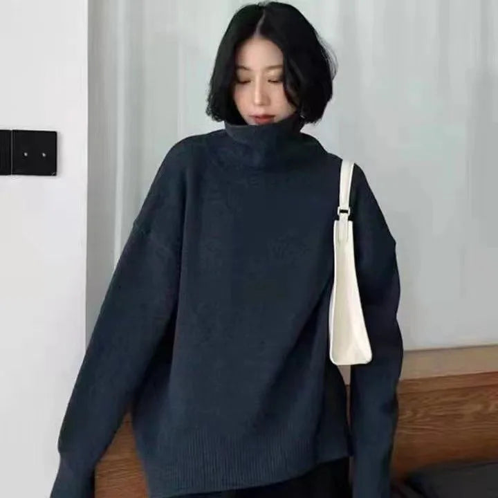Autumn Winter Thick Loose Knitwear Sweater Tops Casual Turn Down Collar Long Lantern Sleeve Knitted Pullover Coats PYXA-dh70