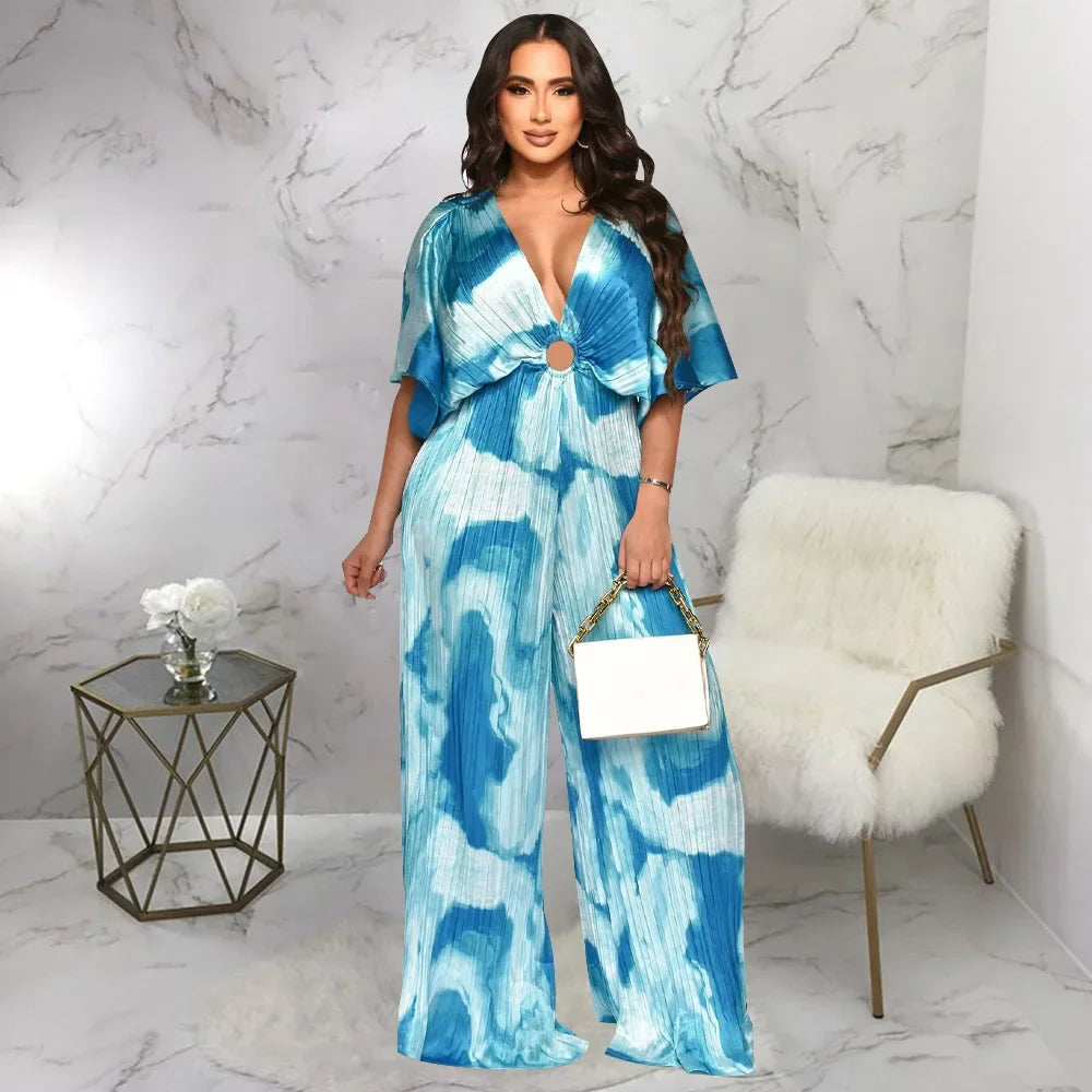 Elegant Women's Printed Pleated Jumpsuit Summer Sexy V-neck Short Sleeve Print High Waist Wide-leg Pants Casual Loose Jumpsuit