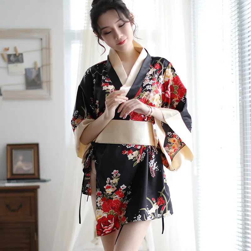 Japanese Kimono Women Bath Robe Sleepwear V-neck Flower Printed Bow Waist Shaping Mini Dress Loose Long Sleeve Night Gown