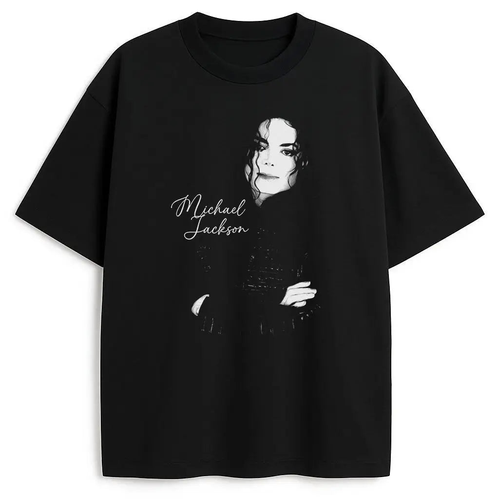 Portrait & Gold Signature Summer Rock Y2k Streetwear Michael Jackson T-Shirt Vintage Graphic Print Tee Casual Loose Top Unisex