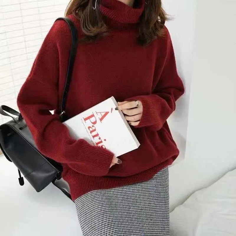Autumn Winter Thick Loose Knitwear Sweater Tops Casual Turn Down Collar Long Lantern Sleeve Knitted Pullover Coats PYXA-dh70