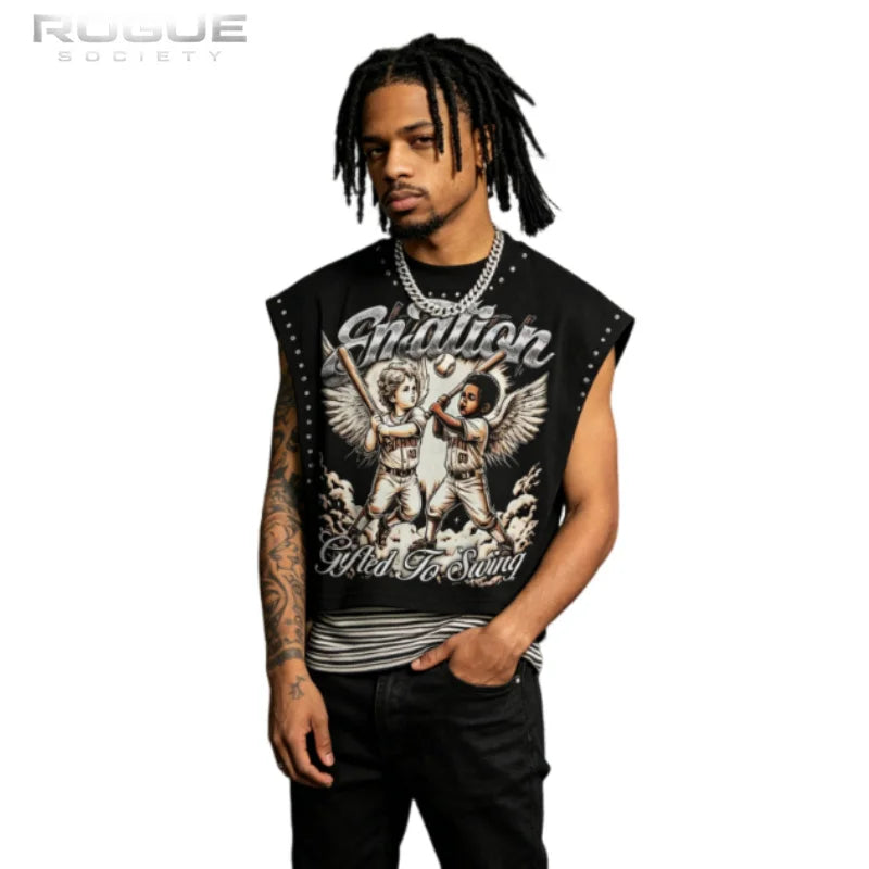 Harajuku Baseball Angel Chicano Streetwear Men Tank Crop Print Sleeveless Tops Vintage Distressed Grunge Retro Y2K Graphic Tees