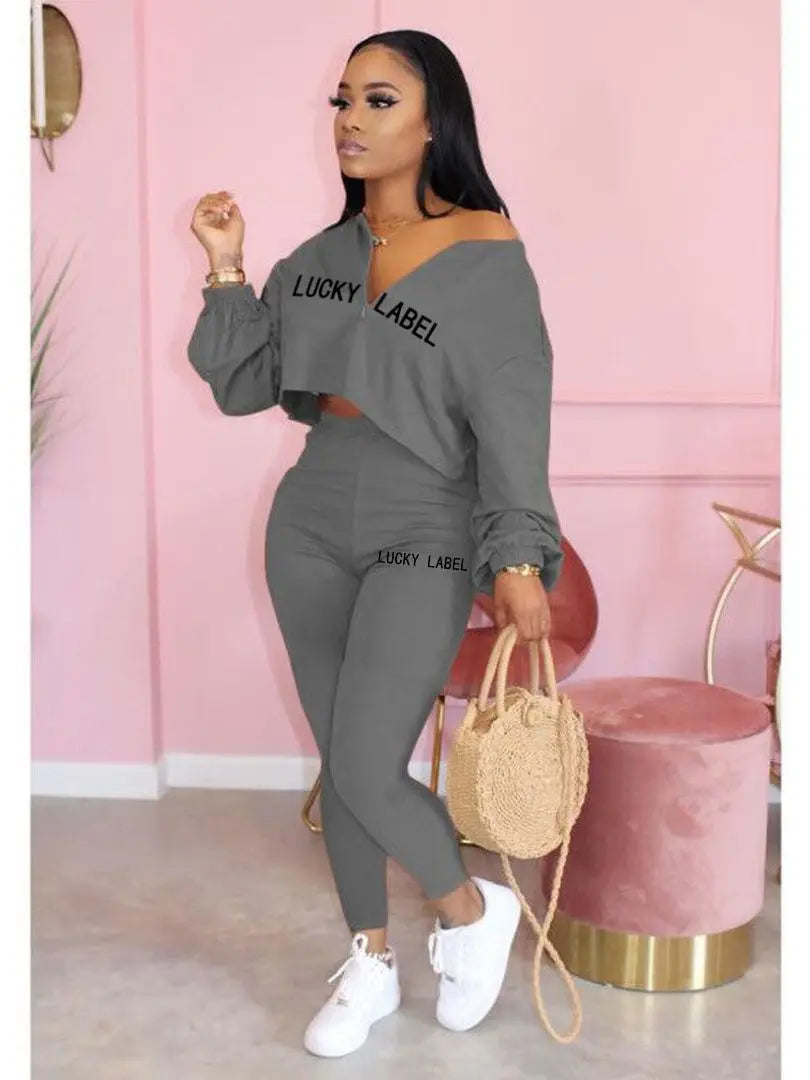 2021 Fall Clothes for Women Letter Printing Casual Elastic Waist Loungewear Women Fashion New Arrival Long Sleeve Two Piece Set