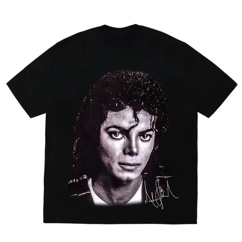 Portrait & Gold Signature Summer Rock Y2k Streetwear Michael Jackson T-Shirt Vintage Graphic Print Tee Casual Loose Top Unisex