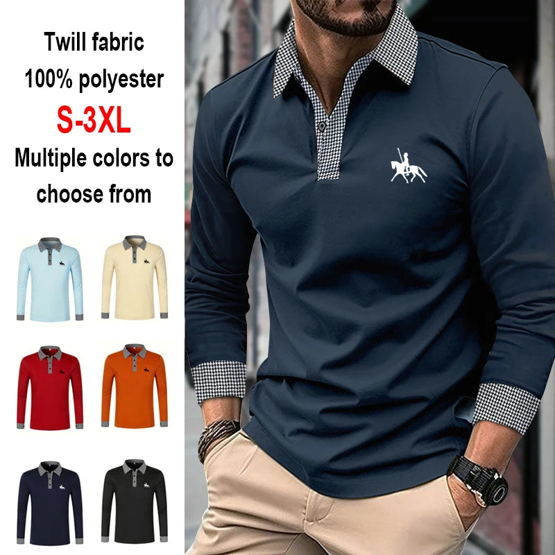 Men's Houndstooth Patchwork Long Sleeve Polo Shirt Classic Casual Business Tops Breathable Lightweight Knitwear for Spring Fall
