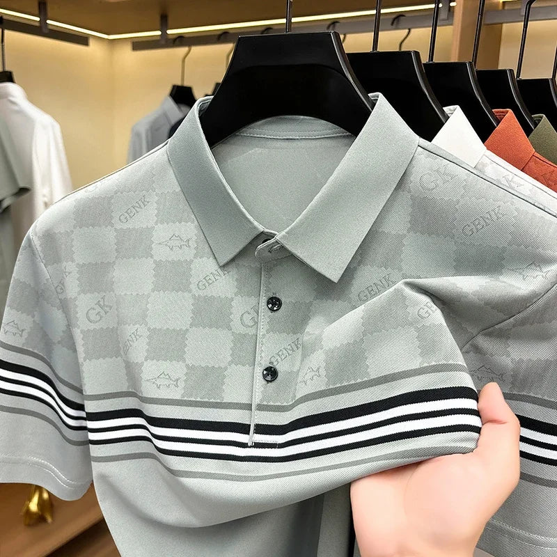 Mens Half Checkered Letter Print Stripe Splicing Short Sleeve Polo Shirts Soft  Breathable Business Casual Tops For Summer Daily