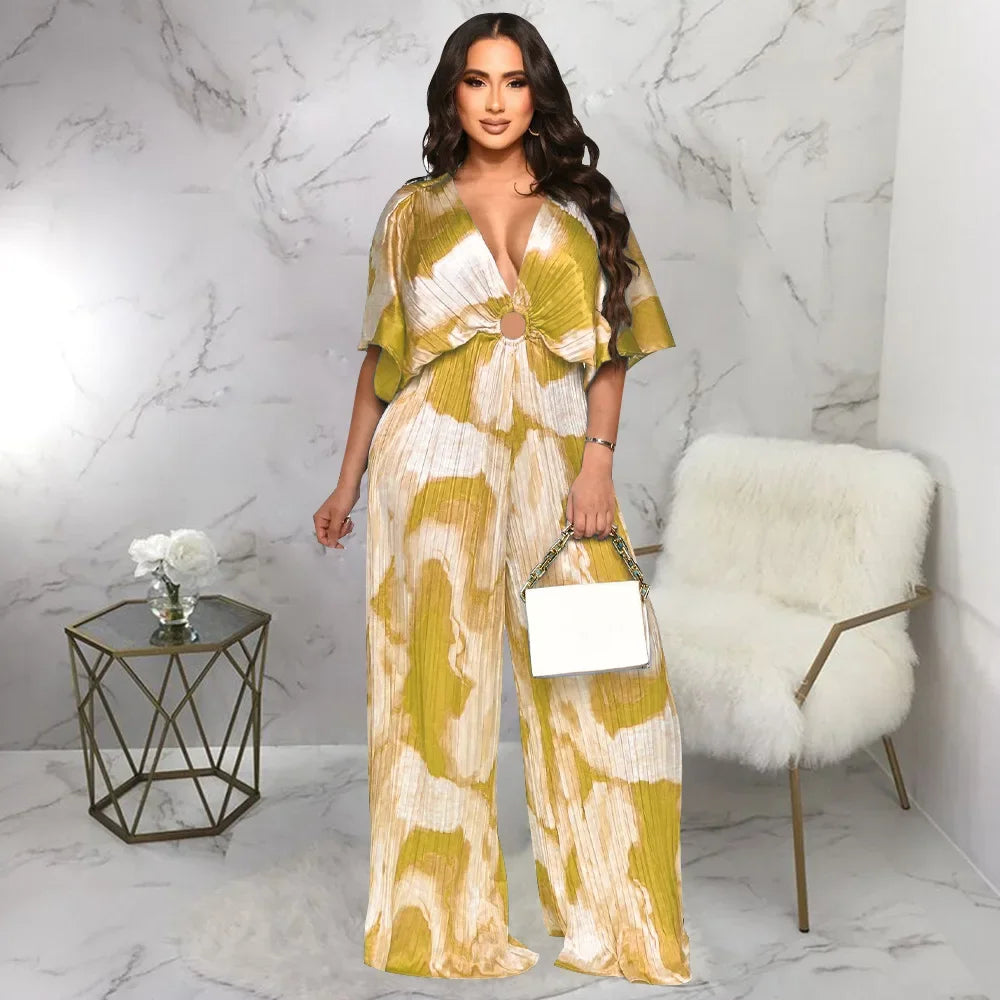 Elegant Women's Printed Pleated Jumpsuit Summer Sexy V-neck Short Sleeve Print High Waist Wide-leg Pants Casual Loose Jumpsuit