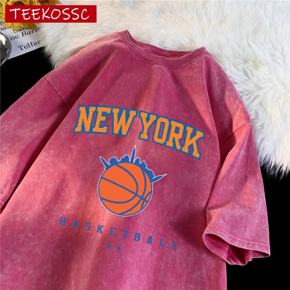 New York Basketball Printed Washed Men T-Shirt Summer Casual Fashion T-Shirts Sport Cotton Streetwear Breathable Short Sleeve