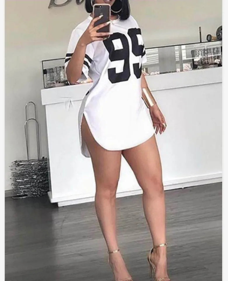 95 Pattern Print T-Shirt O-Neck Split Short Sleeve Sports Football Jersey Y2K Loose Oversized Street Retro Casual Tops