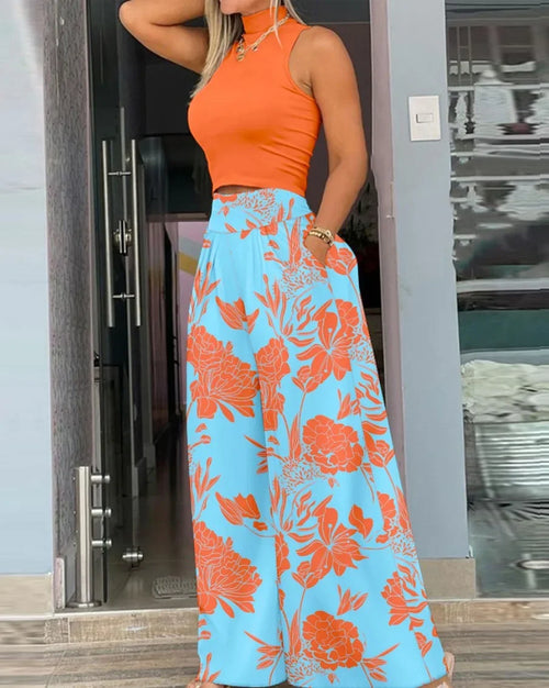 2025 Women's Pants 2 Piece Set  Loose Wide Leg Pants Overall High Waist Sleeveless Printed Fashion Casual pants sets
