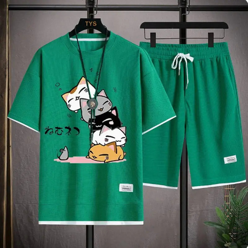 Men's Summer Waffle Set Brand Fashion Casual T-shirt+Shorts Set Men's Sports Set Loose ComfortableSlo Two-piece Set