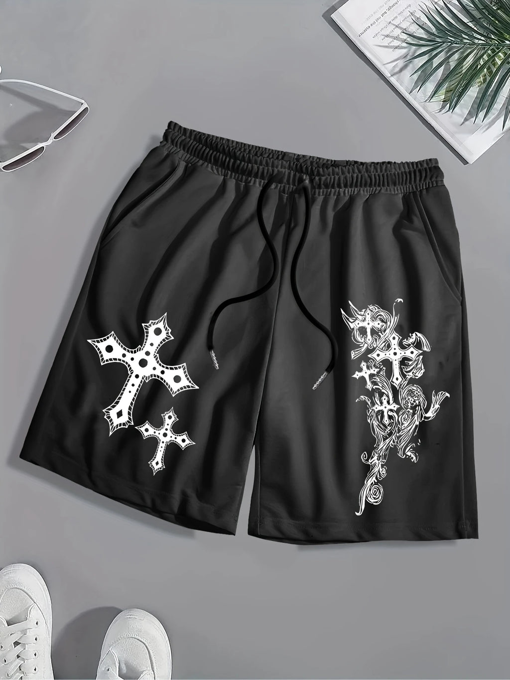 Men'S Breathable Casual Shorts with A Cross Print, Featuring An Elastic Waistband with Drawstring