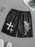 Men'S Breathable Casual Shorts with A Cross Print, Featuring An Elastic Waistband with Drawstring
