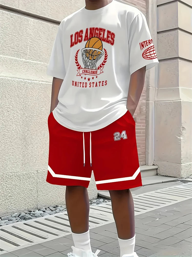 Spring New Men's Casual Tops And Shorts, Simple Basketball-printed Men's Round-neck T-shirts And Casual Shorts, Fashionable And
