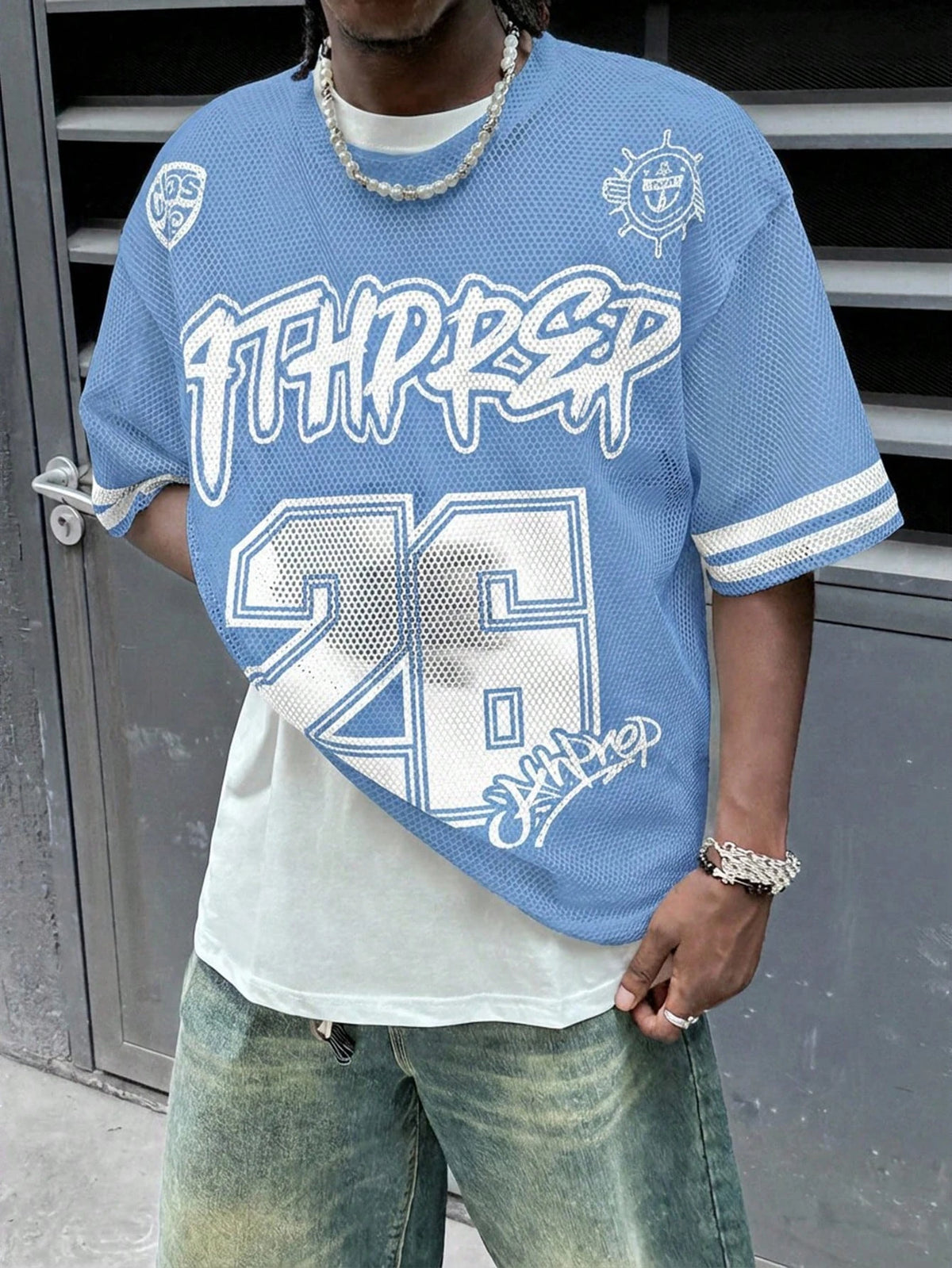 Men Loose Dropped Shoulder Letter Graphic Print Mesh Short Sleeve Jersey T-Shirt, Funny, , For Going Out, Summer Streetwear