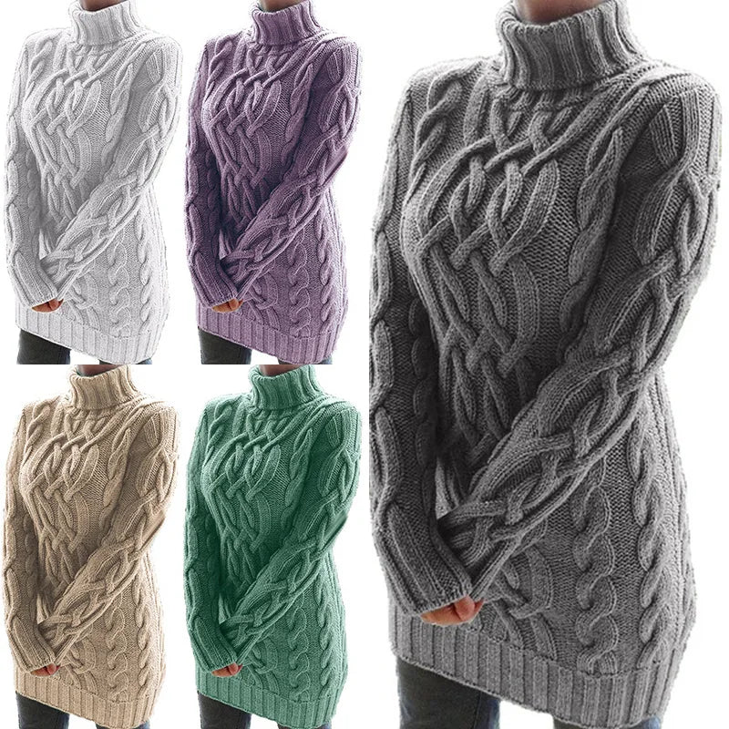 Autumn Winter Thicken Sweater Dresses For Women Turtleneck Long Sleeve Knitted Retro Sweaters Ladies Pullovers Sweater