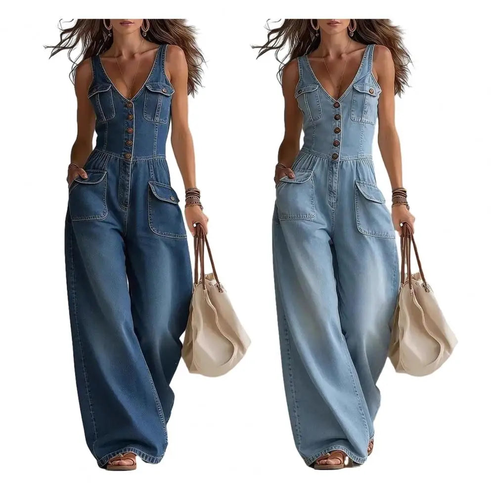 Stylish Women Jumpsuit Jumpsuit Denim Jumpsuit For Women V Neck Wide Leg Jean Rompers Summer Vacation Outfits With Pockets
