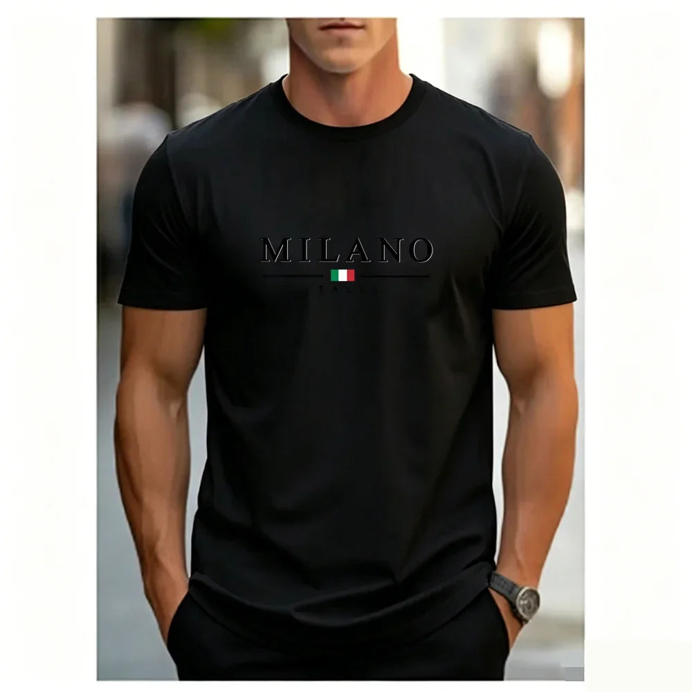 Men's Summer Simple and Fashionable Milan Letter Printed Loose and Comfortable Round Neck Short Sleeved T-shirt Top