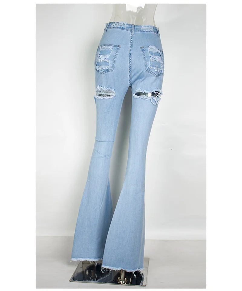 2026 Ripped Jeans For Women High Waist Elasticity Jeans Fashion Flare Jeans With Holes Vintage Bell Bottom Jeans Womens Clothing