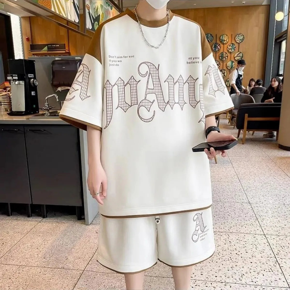 Men's fashion personality letter printed short sleeved shorts two-piece set outdoor sports breathable T-shirt set