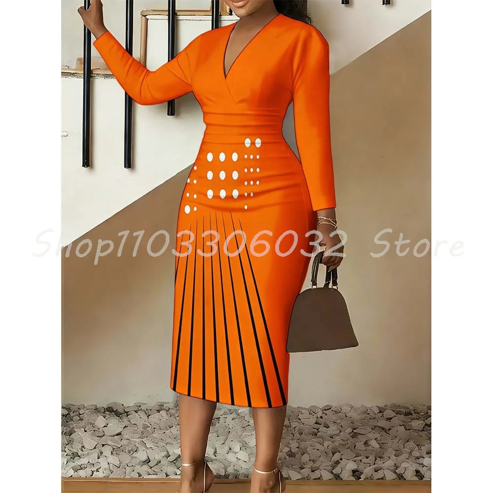 Polka Dot Vertical Stripe Print Bodycon Dress V-Neck Long Sleeve Midi Dress for Women Spring Party Date Night Outfit