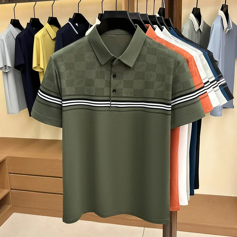 Mens Half Checkered Letter Print Stripe Splicing Short Sleeve Polo Shirts Soft  Breathable Business Casual Tops For Summer Daily
