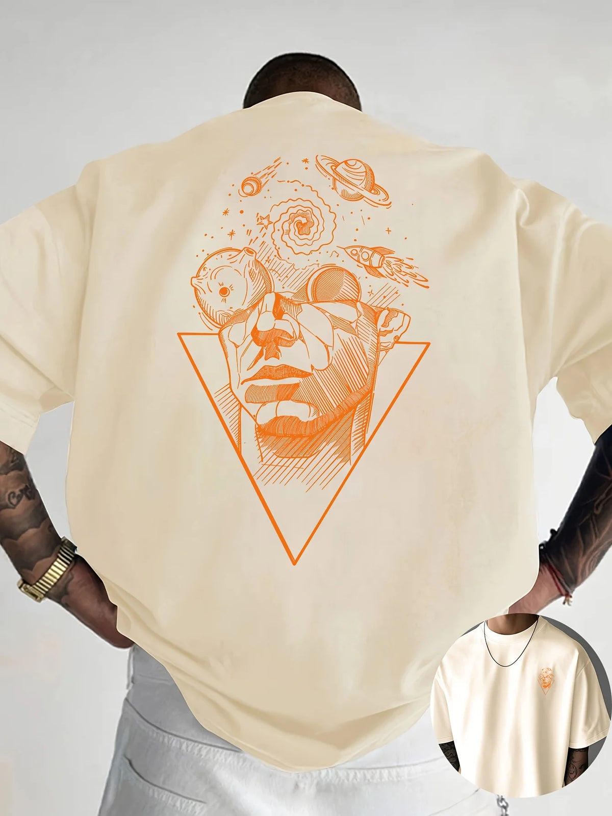 Men's summer 100_ pure cotton casual loose creative pattern front and back printed sports round neck short sleeved T-shirt top