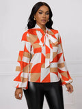 Women's Blouse Spring Summer Orange White Geometric Print Tie Neck Long Sleeve Ruched Cuff Chic Elegant Office Top