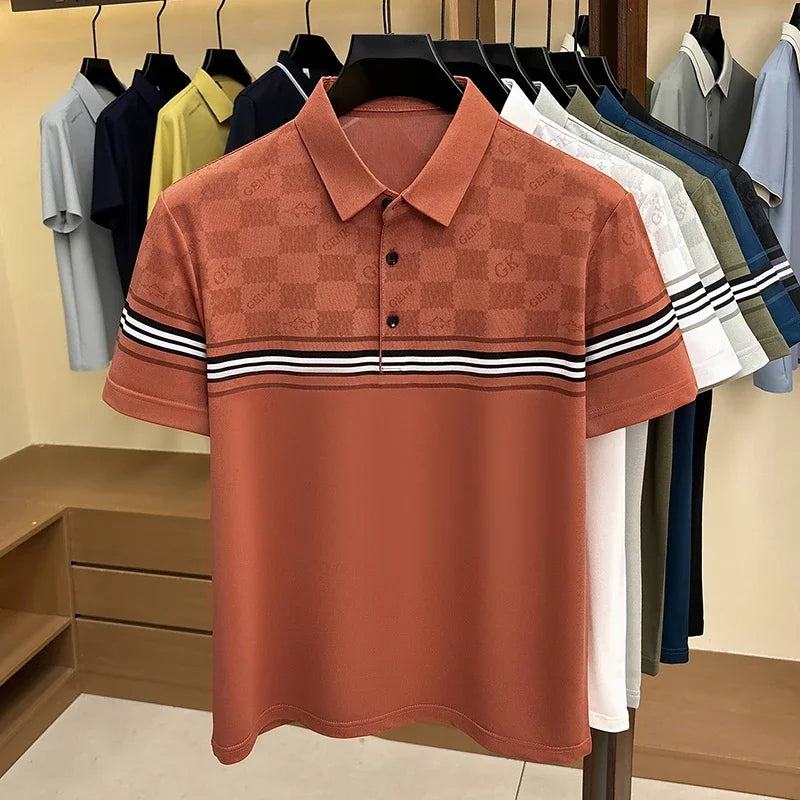 Mens Half Checkered Letter Print Stripe Splicing Short Sleeve Polo Shirts Soft  Breathable Business Casual Tops For Summer Daily