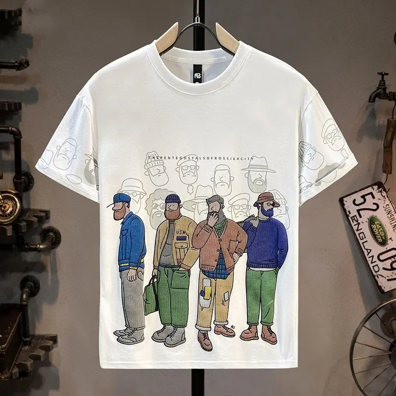 Men's Short Sleeve T-Shirt Summer Trendy Cartoon Print Round Neck Loose Casual Half Sleeve Shirt