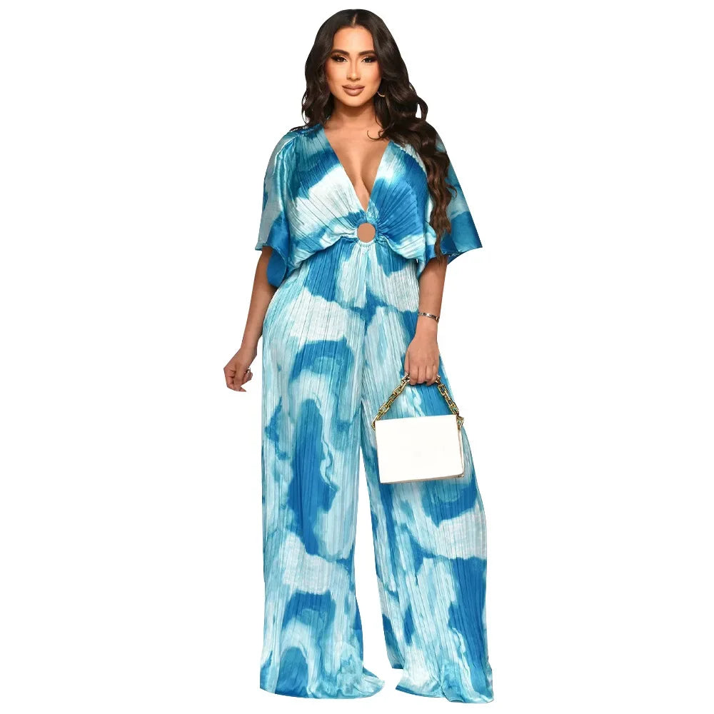 Elegant Women's Printed Pleated Jumpsuit Summer Sexy V-neck Short Sleeve Print High Waist Wide-leg Pants Casual Loose Jumpsuit
