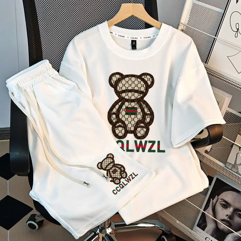 Women Summer Casual Suit Ladies Fashion Cartoon Printing Short Sleeve T-Shirt Simplicity Solid Color Trend Shorts Two-piece Set