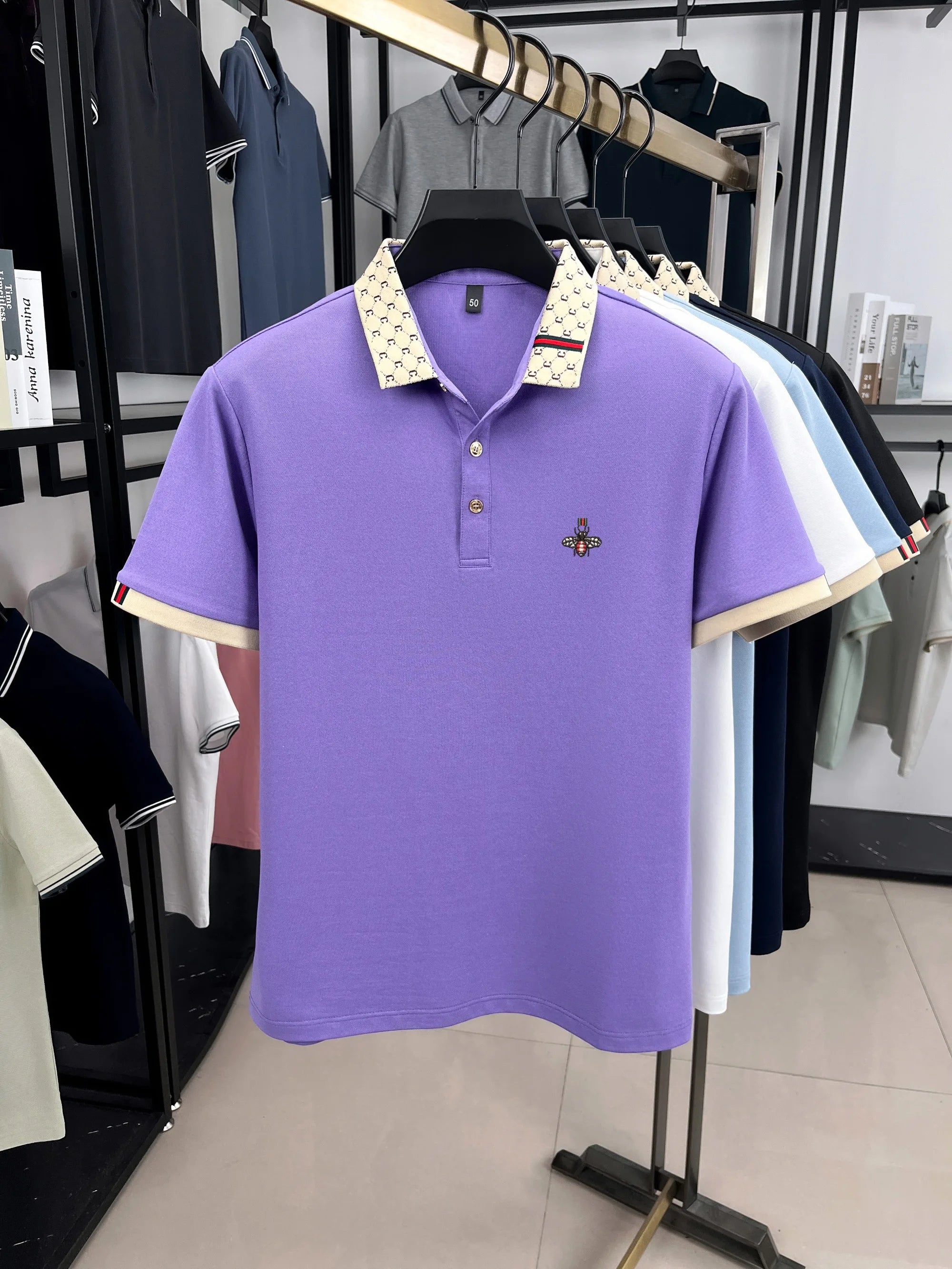 Men's Jacquard Polo Shirt with Letter Pattern, Short Sleeves, Bee Embroidery, Fashionable and Casual, Collar T-shirt, Summer New