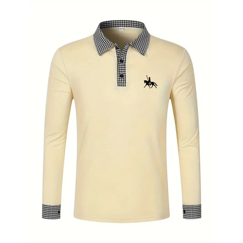 Men's Houndstooth Patchwork Long Sleeve Polo Shirt Classic Casual Business Tops Breathable Lightweight Knitwear for Spring Fall