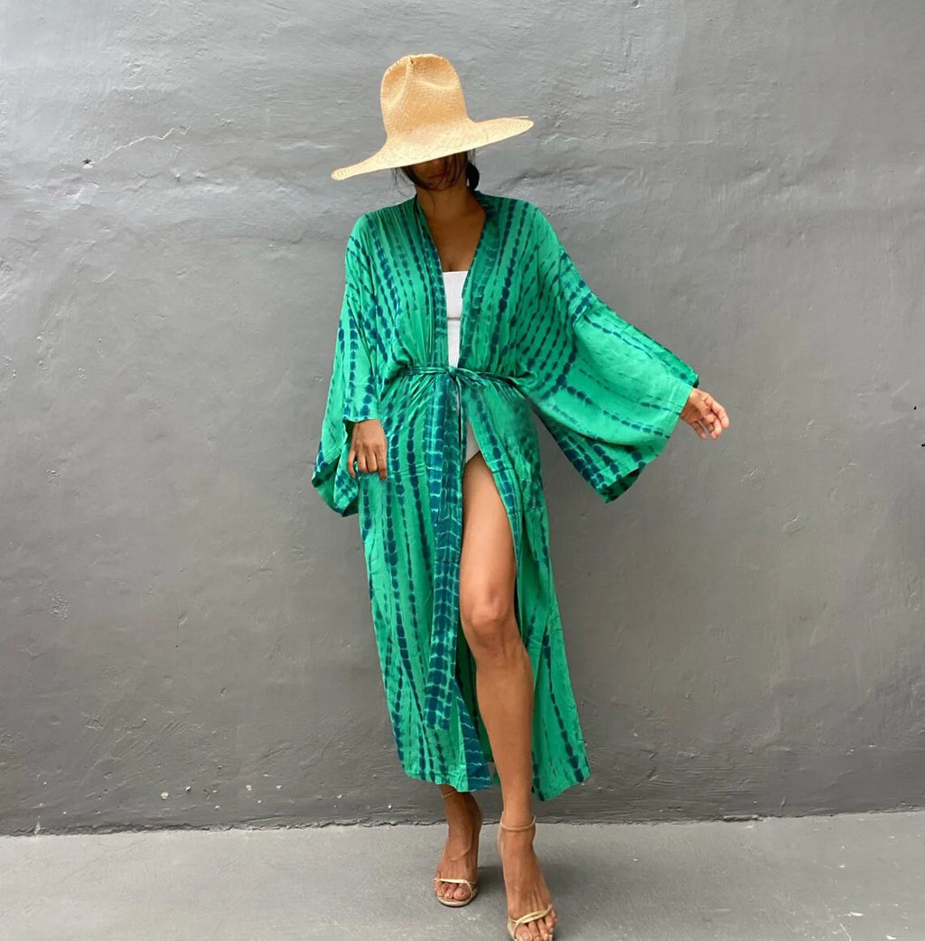 Bikini Cover Up Tie Dye Printed Women Long Beach Kimono Swimsuit Cape 2022 New Summer Beachwear Self Belted Bathing Suit