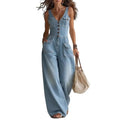Stylish Women Jumpsuit Jumpsuit Denim Jumpsuit For Women V Neck Wide Leg Jean Rompers Summer Vacation Outfits With Pockets