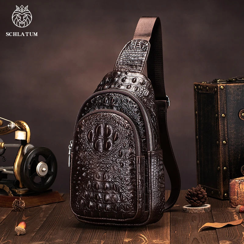 SCHLATUM Men's Genuine Leather Vintage Crocodile Pattern Chest Bag Luxury Men Crossbody Travel Bag Multifunction Sling Bags